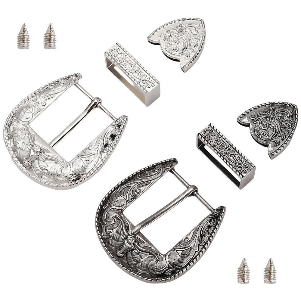 7555 2 Sets 2 Colors Western Style Belt Buckle Set Silver Alloy Metal
